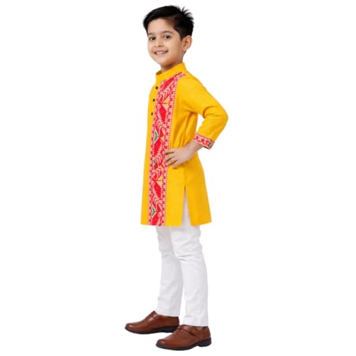 Image of Kurta Pajama for Kids Boys - Jamdani Border Kurta and Elastic Waist Pyjama Set