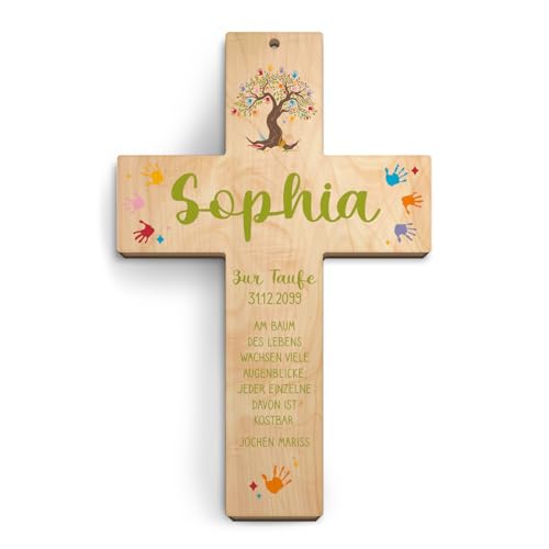 Kartenmachen.de Taufkreuz personalisiert aus Holz Taufgeschenk Mädchen Junge 13x20cm - Lebensbaum - Birkenholz Look