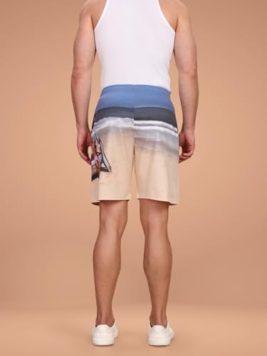 Image of BULLMER Regular Fit Cotton Blend Summer Shorts for Men - Pack of 2 | Printed Shorts for Men Blue /Beige