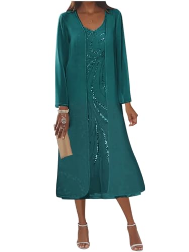 2 Pieces Mother of The Bride Dresses for Wedding Tea Length Long Sleeve Mother Groom Dress with Jacket