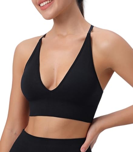 Image of Deep V-Neck Adjustable Women's Sports Bra | Wireless Longline Strappy Criss Cross Padded Spaghetti Straps Light Impact Workout Yoga Crop Top