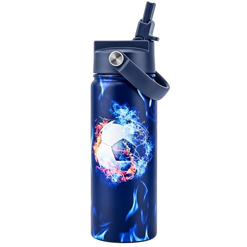 KEWIXY 18 oz Boys Water Bottle with Straw Easy Slide Lid Leak Proof Keep Cold 24H Vacuum Insulated Tumbler Metal Stainless Steel with Handle for School & Sport Soccer