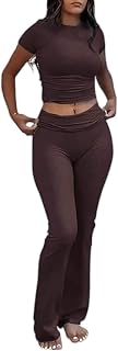 AYWA Women's 2 Piece Lounge Sets Short Sleeve Crop Top Foldover Flare Pants Casual Pajama Outfits
