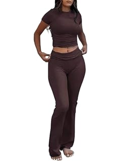 AYWA Womens 2 Piece Lounge Sets Short Sleeve Crop Top Foldover Flare Pants Casual Pajama Outfits