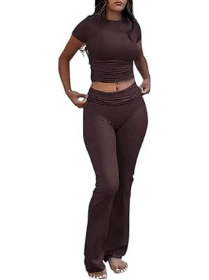 AYWA Womens 2 Piece Lounge Sets Short Sleeve Crop Top Foldover Flare Pants Casual Pajama Outfits