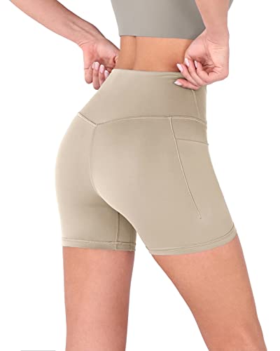 Ododos Women's 5" Crossover Yoga Shorts With Pockets, High Waist Sports Athletic Workout Running Biker Shorts, Taupe, Medium #TOP2