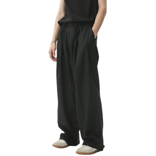 Men's Pleated Elastic High Waist Casual Pants Solid Color Suit Pants with Pockets