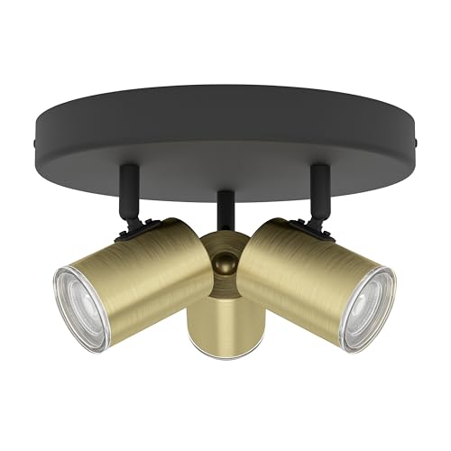 EGLO Deckenlampe Consuma 1, runder Deckenstrahler 3-flammig, Spot Deckenleuchte Badezimmer, Badlampe Decke aus Metall in Schwarz und Messing, GU10 Fassung, IP44