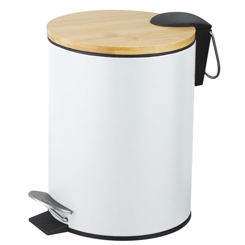 Amig - Poubelle de salle de bain à pédale 3 litres - Couleur blanche et bambou - Ouverture hygiénique sans contact - Ø16,8 x 23 cm - Acier inoxydable laqué