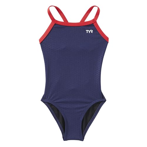 TYR Girls’ Hexa Diamondfit Swimsuit, Navy/Red, 24