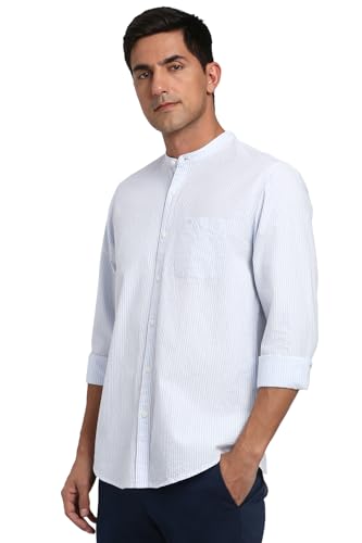 Image of Peter England Men's Casual Mandarin Collar Slim fit Full Sleeve Shirt in 100% Cotton Seersucker with Striped Design
