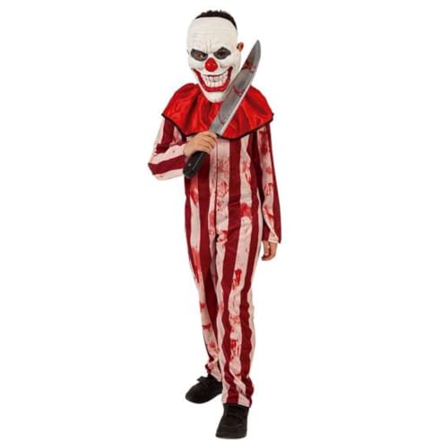Rubies Disfraz Payaso Tarado para niño y niña, con Jumpsuit de rayas ensangrentado y máscara blanca de payaso, original, Ideal para halloween, carnaval y cumpleaños.
