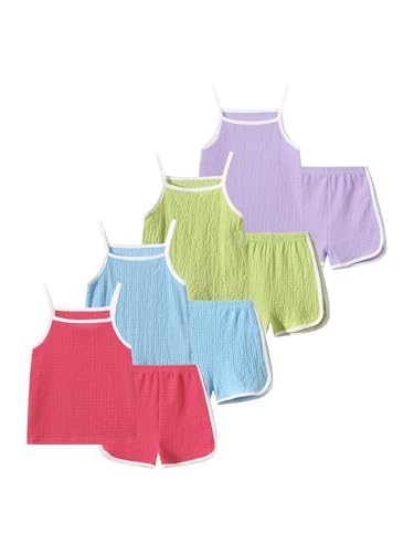 Image of Girls Summer Clothes 4 Piece Cute Outfits Cami Tank Top and Dolphin Shorts Sets for Kid Casual, Dance, Beach
