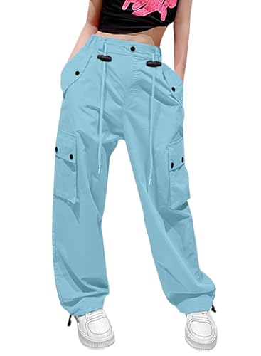 Image of HENGAO Girls Cargo Pants Parachute Casual Jogger Y2K 5-14 Years | Kids Baggy pants Parachute, Drawstring, with Pockets, Elastic High Waist, Loose Trousers Streetwear