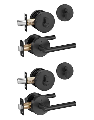 Image of Lethato Black Door Handle and Deadbolt Set, Heavy Duty Front Door Lock Set, Exterior Door Lever Single Keyed Round Deadbolt Lock (2 Pack)