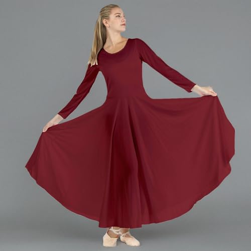 Danzcue Womens Praise Loose Fit Full Length Long Sleeve Dance Dress, Cardinal, Large