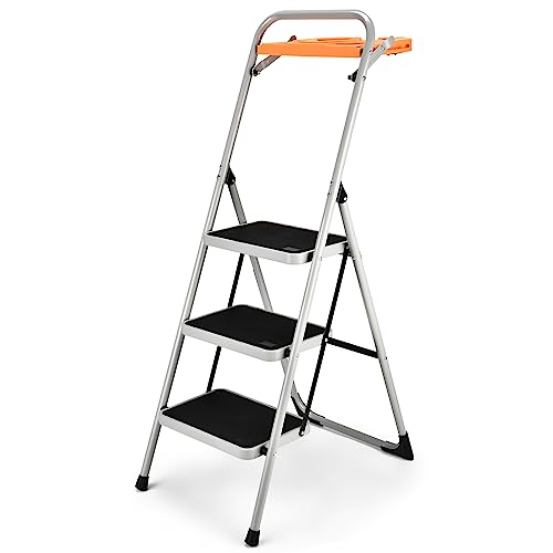ASPERLAD 3 Step Ladder with Tool Platform Lightweight Folding Stepladders Home Improvement Step Stool 330lbs Sturdy Steel Ladder with Wide Anti-Slip Pedal…