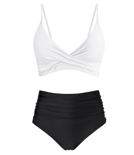 Image of Amy Babe Women's High Waisted Bikini Sets Push Up Twist Front Spaghetti Straps Ruched Two Piece Swimsuit Bathing Suit