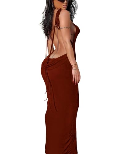 Image of Doweha Women Backless Cowl Neck Cocktail Going Out Dress Halter Slip Long Semi Formal Party 2026 Spring Summer Maxi Dress