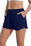 Ekouaer Damen Badeshorts Badehose Boxer Liner Hoch Taille Schwimmhose Boardshorts mit Taschen Sportshorts Marineblau M