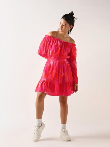 Image of Bewakoof Women's Fit and Flare Above The Knee All Over Printed Regular Fit 3 /4 Sleeve Shoulder Pure Satin Dress