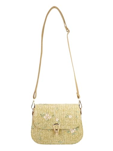 Women's Straw Woven Crossbody Bag Lace Flower Saddle Bag Handbag Lock Evening Clutch Purse