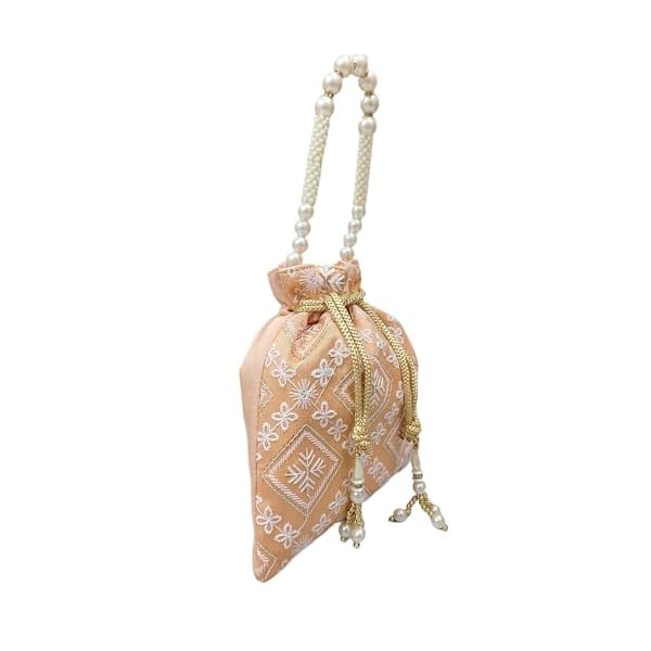EK PAHECHAN Women's Handmade Heavy Lucknowi Embroidery Work Potli Bag with Pearl Tassels Handle - Image 4