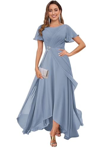 AUMEELAM Ruffled Sleeve Chiffon Mother of The Bride Dress Scoop Neck Beaded Ruched Wedding Guest Dresses