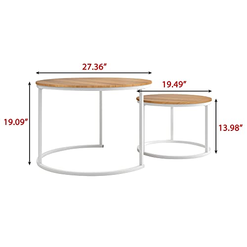 Hojinlinero Industrial Round Coffee Table Set Of 2 End Table For Living Room,Stacking Side Tables, Sturdy And Easy Assembly,Wood Look Accent Furniture With Metal Frame,White+Teak Oakdk #TOP2