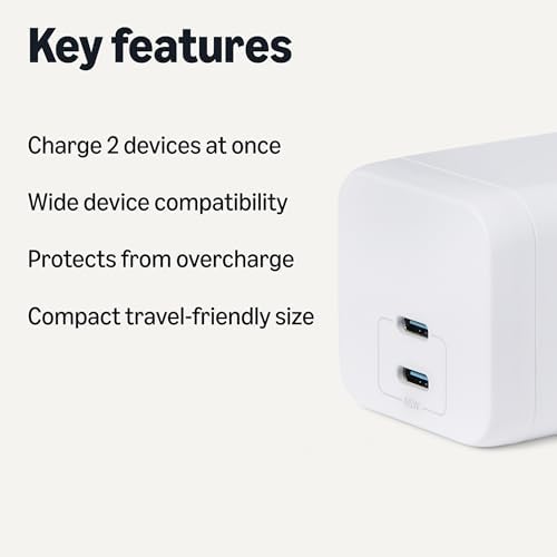 Amazon Basics 65W Fast Charging GaN USB-C Wall Charger, 2-Port for Laptops, Tablets, Phones, Compact Travel-Friendly Size, White