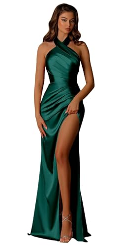 Image of Halter Satin Bridesmaid Dresses Long with Slit for Women Mermaid Prom Dress Pleated Formal Gown Evening Dress
