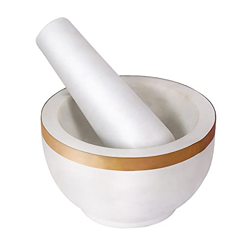 Divit Shilp Mortar and Pestle, Made of Heavy Duty Polished Hard Stone, Natural Stone Grinder for Spices, Pastes, Herbs, Seasoning etc. (Marble with Brass Top)