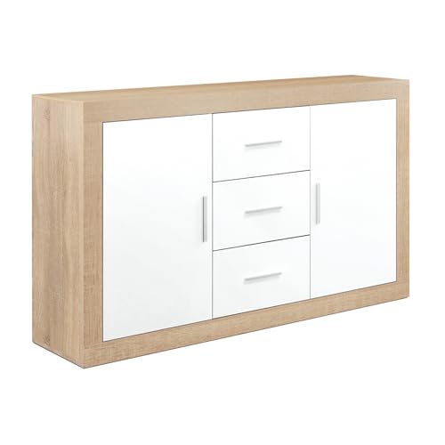 Buyqualia - Aparador Moderno de 2 Puertas y 3 Cajones - Cambrian Blanco - 134x78x35 cm