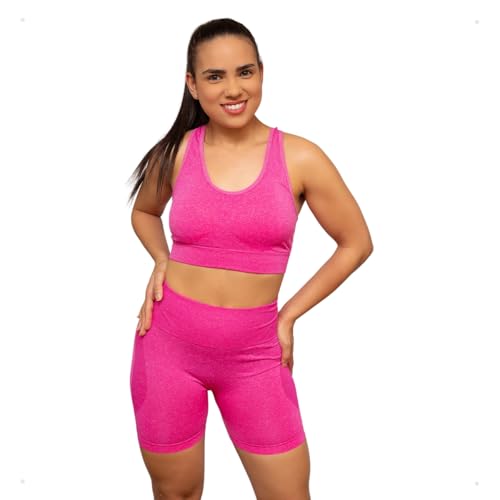 Top Short Conjunto Academia Fitness Levanta Bumbum Esportivo Feminino Short e Top Cós Alta (Rosa Chi