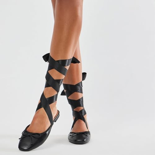 FSJ Women Wrapped Ballet Flats Bowknot Closed Toe Cross Ribbon Lace-Up Slingabck Ballerinas Shoes Size 4-16 US3