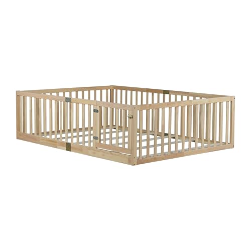 Image of Bellemave Full Size Kids Montessori Floor Bed Frame with Door and Slats,Solid Wood Floor Bed Frame with Slats and High Fence for Kids,Girls,Boys,Natural