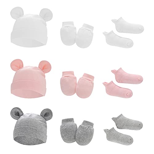 UTTPLL Toddler Bear Hats Mittens and Socks Set for Newborn Boys Girls Cotton Beanie Caps Baby Hat Mittens Infant Non Slip Grip Socks Grey & White & Pink 0-6 Months