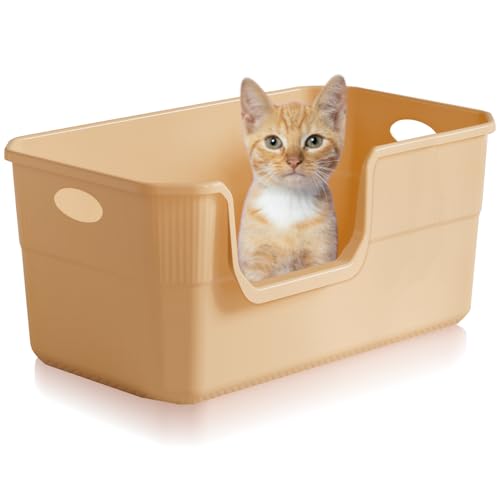 Duscdesp Lettiera per gatti grande, extra large, con parte superiore aperta, con bordi alti e profonda, per gatti, gattini, conigli, cani (beige)