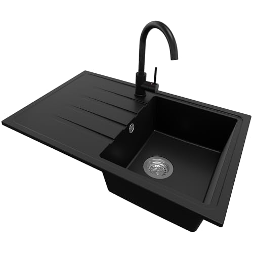 Fregadero Cocina 78 x 50 cm, Fregadero Granito Un Seno + Grifo + Sifón Clásico, Fregadero Empotrado con Escurridor Milano 780-45 de Primagran, Negro