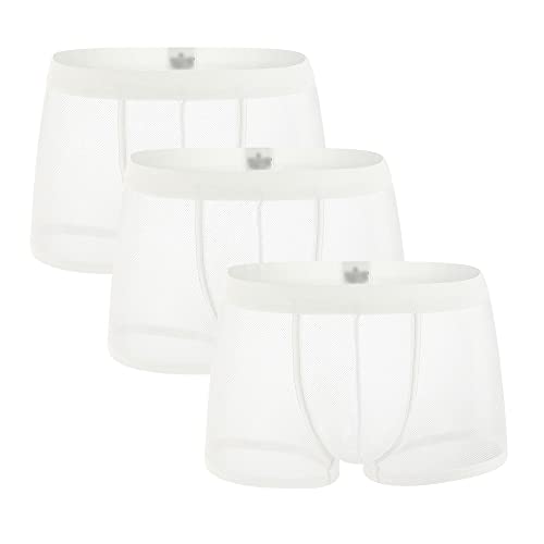 JEKE-DG Boxer sexy transparent pour homme - En maille - Poche bombée - Taille élastique - Sans couture - Lingerie, Blanc - 3 pièces, XX-Large