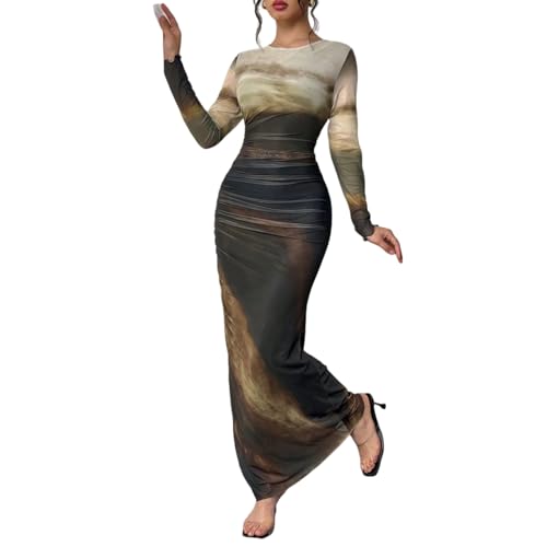 Image of LIGHT DOT Women's Printed Bodycon Maxi Dress Long Sleeve Tie Dye Mesh Ruched Cocktail Dress