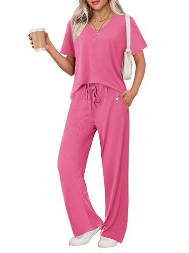 Ekouaer Lounge Sets for Women Ribbed Pajama Set Short Sleeve Top