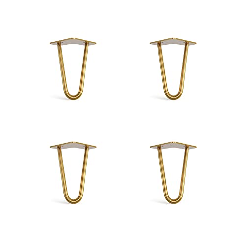 4 x Hairpin Legs with Floor Protector Feet & Screws - 15cm 2 Rod / 10mm, Gold Brass