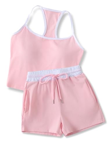 Image of Size 7-14Y Girls Clothes 2 Piece Outfits Striped Tank Top Drawstring Shorts Teen Girls Summer Clothing Sets