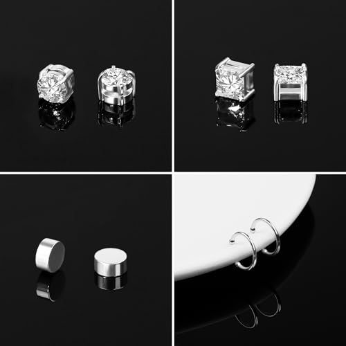 Magnetic Earrings for Men and Women, 4 Pairs Clip on Earrings Stainless Steel Stud Earrings Hypoallergenic Cubic Zirconia Studs Small Non-piercing Silver Ear Cuff Black Fake Earring Set 6-8MM3