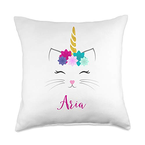 Aria Name Gift Girls Cat Unicorn Bedroom Decor Throw Pillow