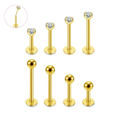 JSDDE 8er Labret Piercing Gold Set 6-12mm Stablänge Lippenpiercing Stecker Nasenpiercing Gewindeloses Einschieben Piercing Monroe Medusa Tragus Helix Conch Ohrpiercing
