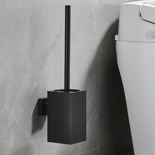 Image of Wall Mount Toilet Brush and Holder Set Stainless Steel Square Toilet Bowl Cleaners Modern Toilet Brush Bathroom Accessories (Matte Black)