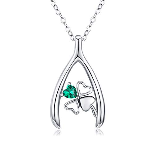 CHENGHONG Collar de trébol de cuatro hojas, collar de plata de ley 925, símbolo de la suerte, colgante de cristal de trébol verde, regalos de cumpleaños para mujeres y niñas, Plata esterlina Cover