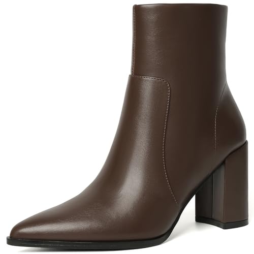 Susanny Brown Chunky High Heel Warm Boots for Women Ankle Slip On Heeled Boot Mid Calf Chelsea Booties Leather Dress Work Hiking Snow Shoes 8